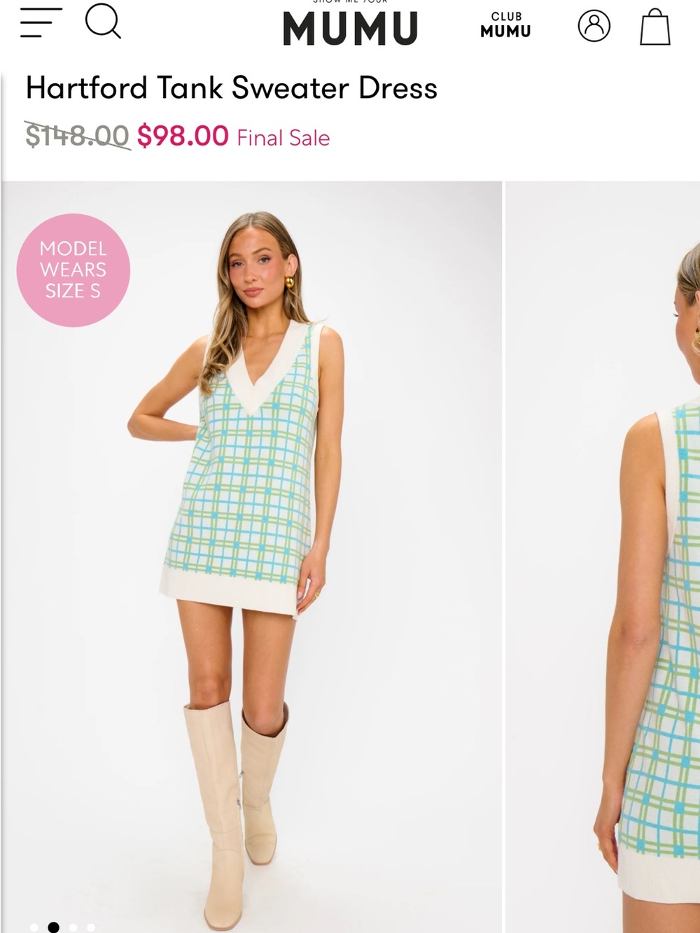 Mumu Sleeveless Plaid V-Neck Knit Tank Dress - White with Aqua & Olive